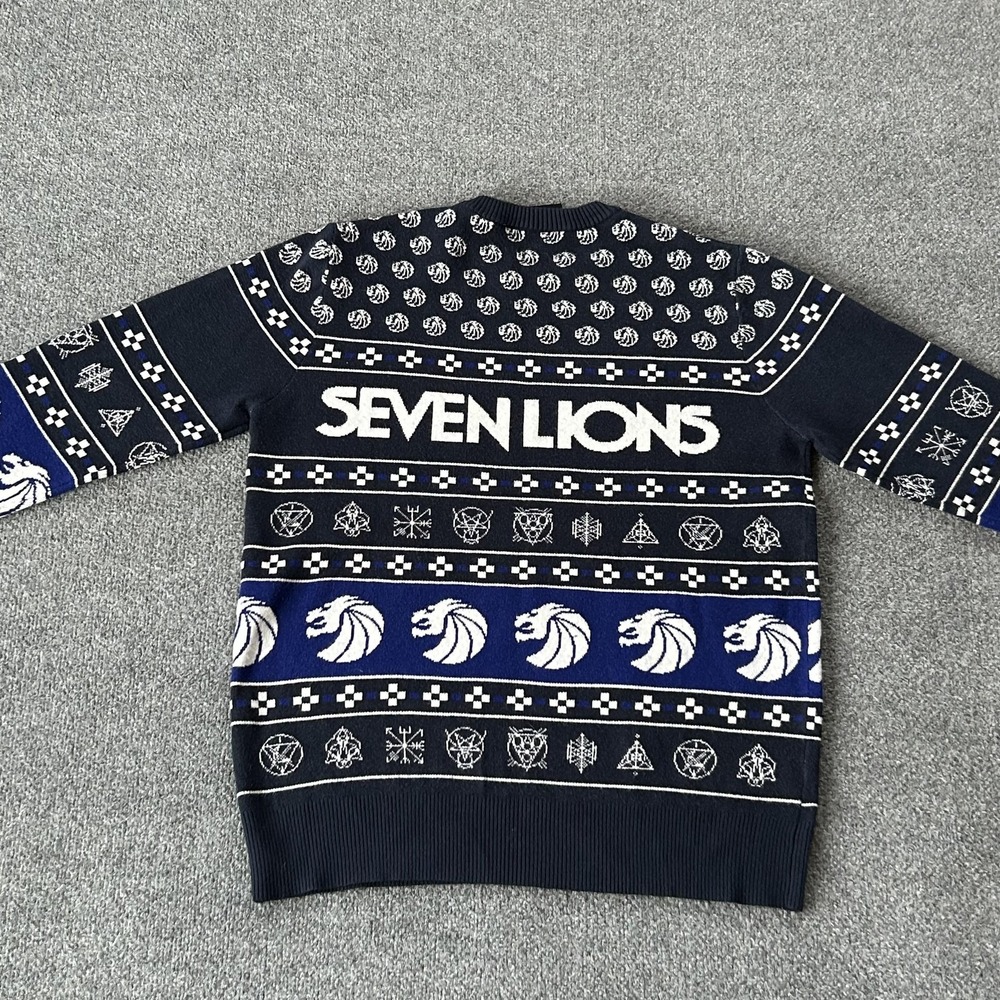Seven Lions Sweater Mens‎ XL Navy Blue Knit Crewneck Holiday EDM Rave Graphic - Picture 9 of 10